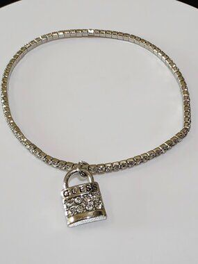 Silver GUESS Lock Charm Prong-set White Rhinestone Stretch OSFA Bracelet
